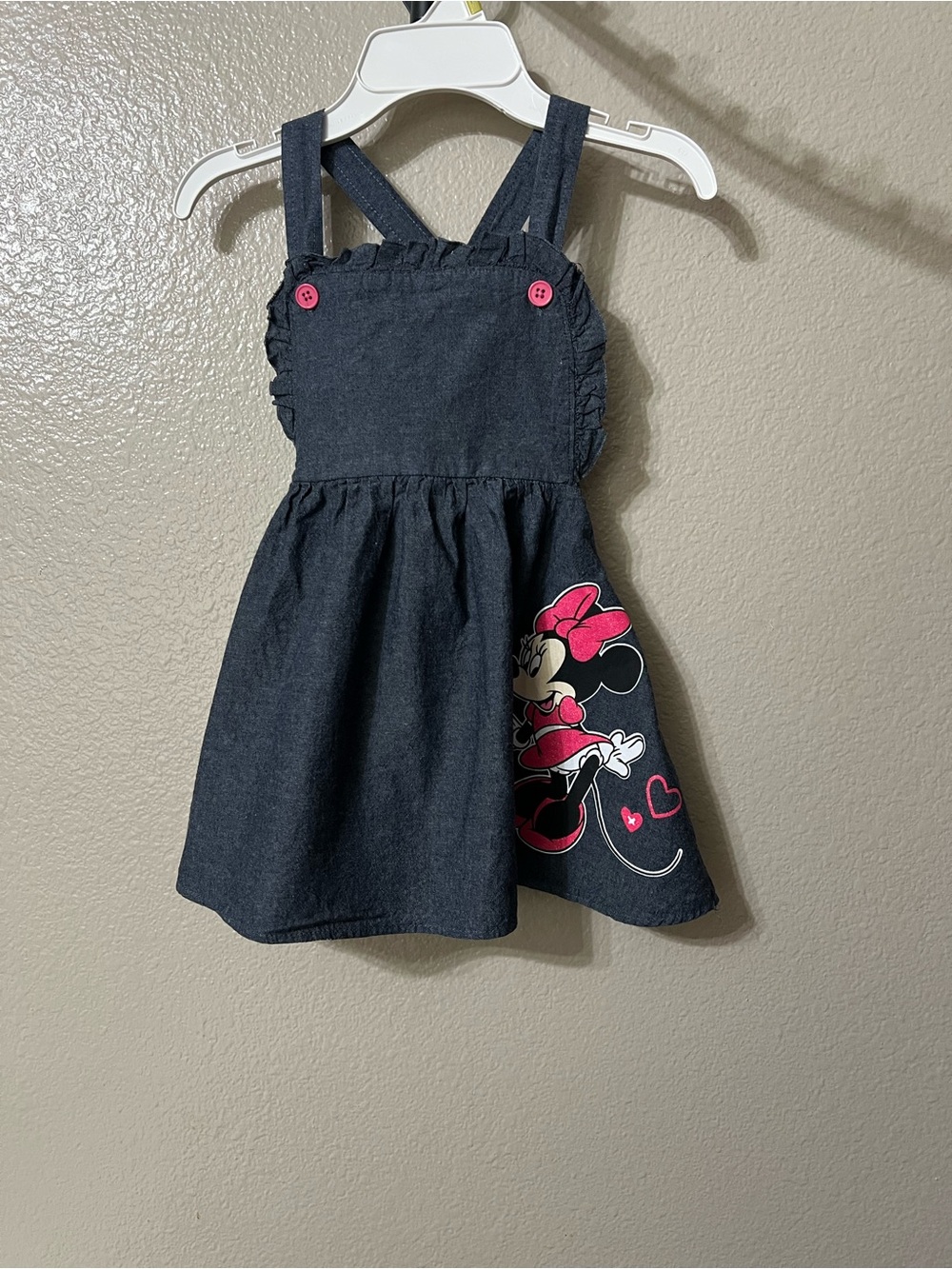 Disney Girls' Dark Denim Minnie Mouse Jumper Dress with Pink Accents